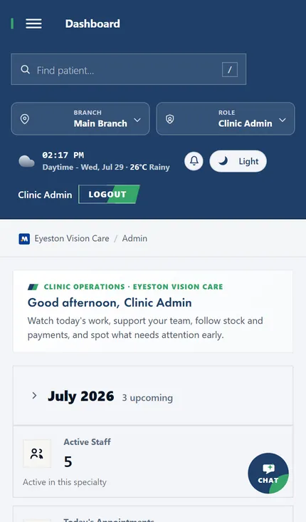 The same clinic dashboard on a phone: branch and role switchers, then the day's figures stacked for one thumb.