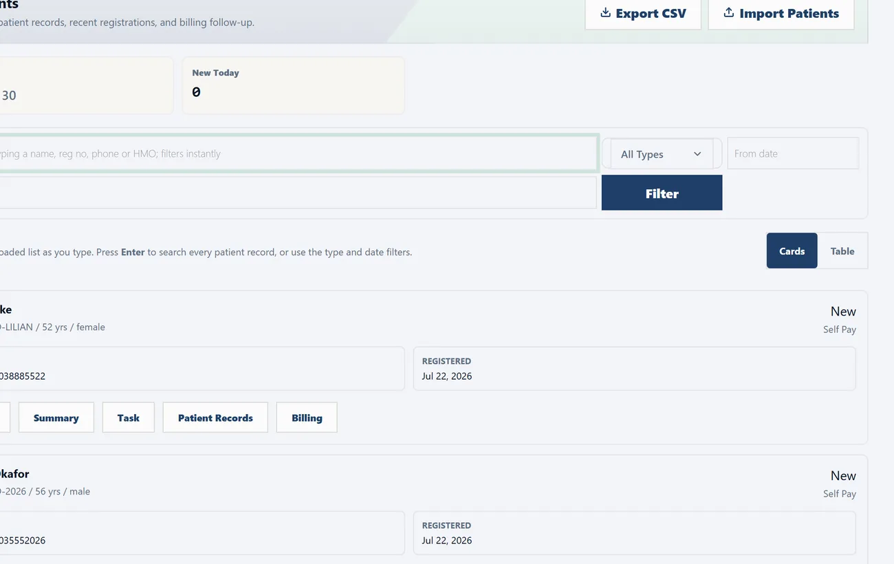 The patient register: every patient with file number, age, cover and last visit.